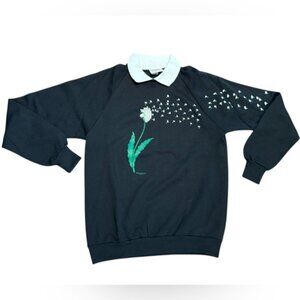 Vintage Morning Sun Black Sweatshirt with Dandelions Design Womens XL Made USA